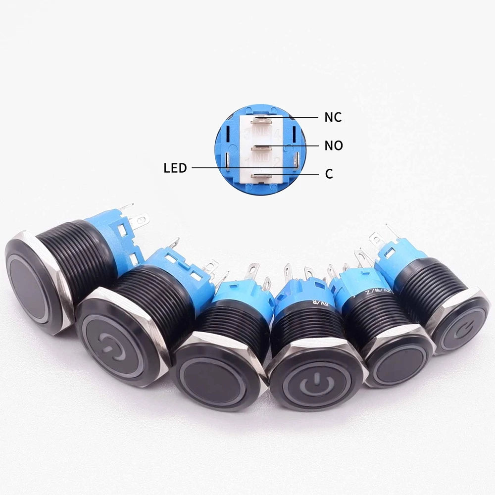 16/19/22mm Black Push Button Switch Waterproof Illuminated Metal Momentary Latching Fixed On Off Power Switch Backlit LED 3V 12V