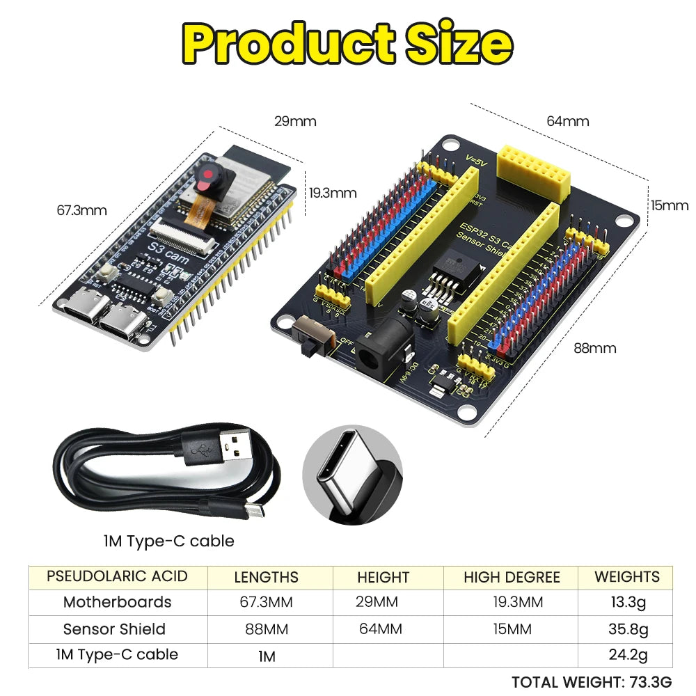 1 Set ESP32-S3 CAM Development Board N16R8+Type C USB Cable with ESP32 S3 Cam Sensor Shield for Arduino ESP32 S3 IDE Programming