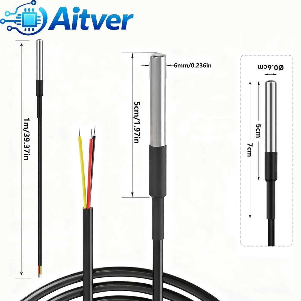 DS18B20 Waterproof Temperature Sensor Probe 1M 2M 3M 5M 10M 3‑Wire Cable Digital Thermometer for Arduino ESP32 Raspberry Pi