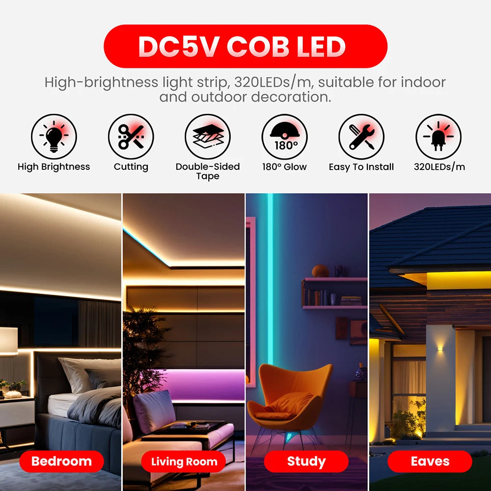 5V Motion Sensor Nigth Light COB Led Strip USB Battery Power 3mm 5mm 8mm PCB 320 LEDs Flex Lamp for Under Cabinet Kitchen Stairs