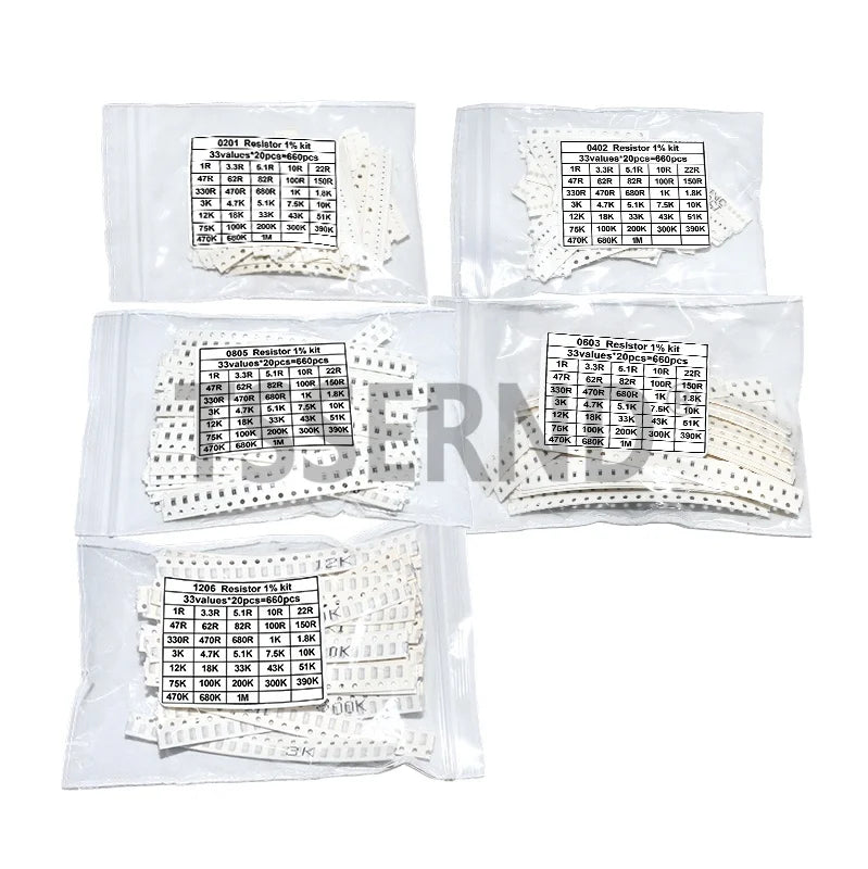 660PCS 0201 0402 0603 0805 1206 1% SMD Resistor Assorted Kit 33Values Each 20pcs 1R-1M 10K 100K 1K 100R Resistance Set