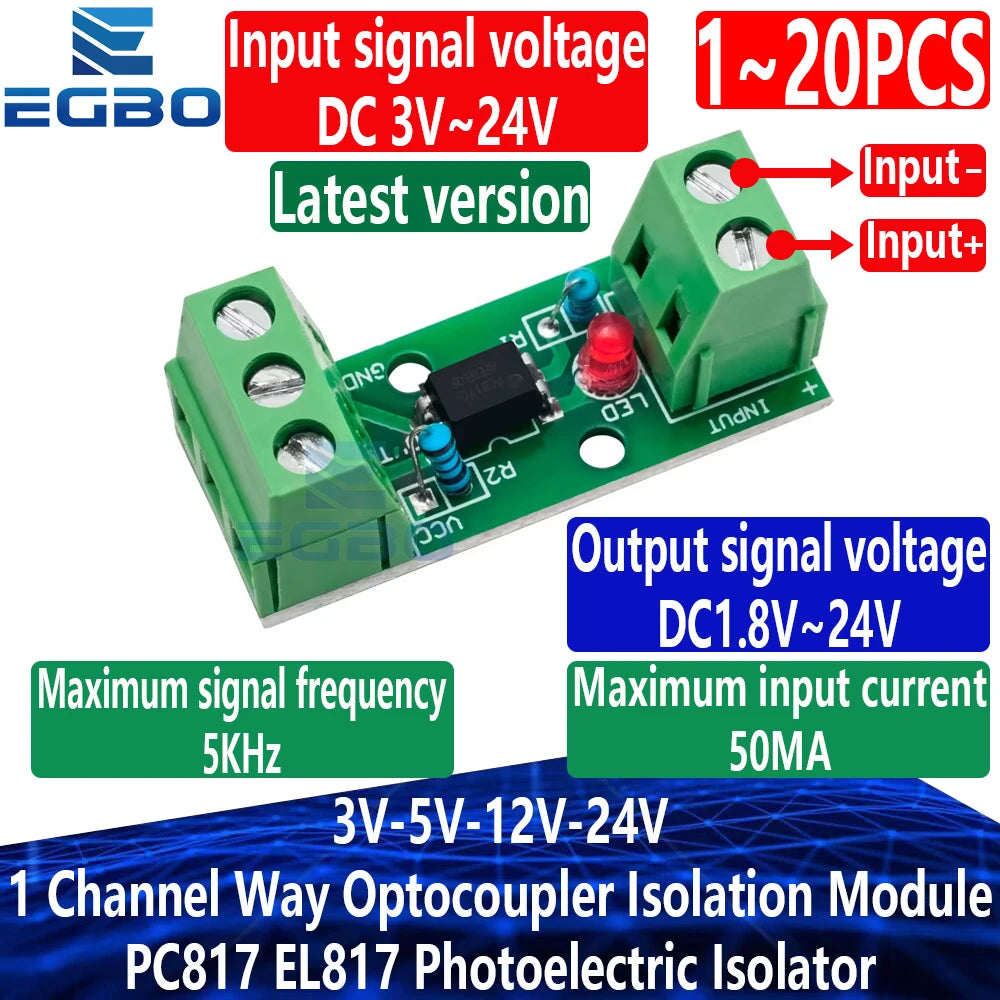 1~20PCS 3V~24V 1 Channel Way Optocoupler Isolation Module PC817 EL817 Photoelectric Isolator Rail Holder PLC Drive Motor Board