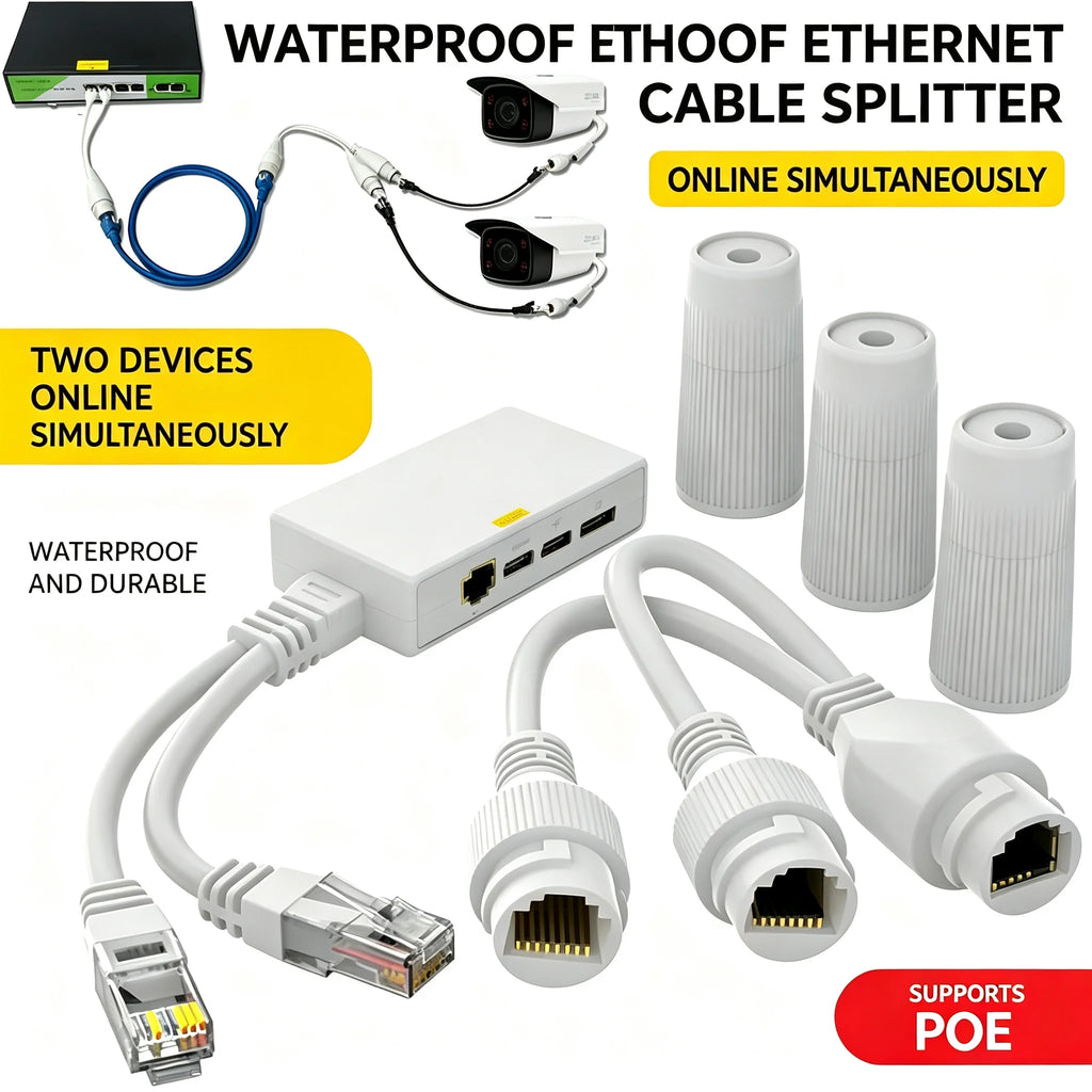 Ethernet PoE Splitter Adapter Kit Waterproof 2-in-1 Combiner for 2 IP Cameras Run 1 Cable, Reduce Costs Outdoor RJ45 Plug & Play