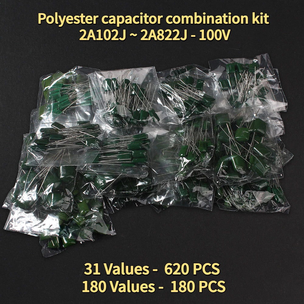 180/620PCS 100V Polyester capacitor combination kit 2A102J~2A822J Set of capacitors set 31/10values Polyester Film Capacitor