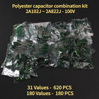 180/620PCS 100V Polyester capacitor combination kit 2A102J~2A822J Set of capacitors set 31/10values Polyester Film Capacitor