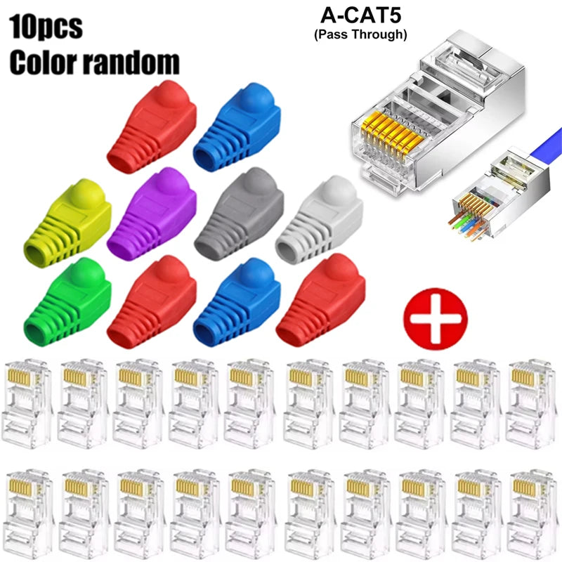 RJ45 CAT5 Pass Through Connectors Crystal End Gold-Plated to Crimp Modular Plug for Solid Or Stranded UTP Network Cable Sleeve