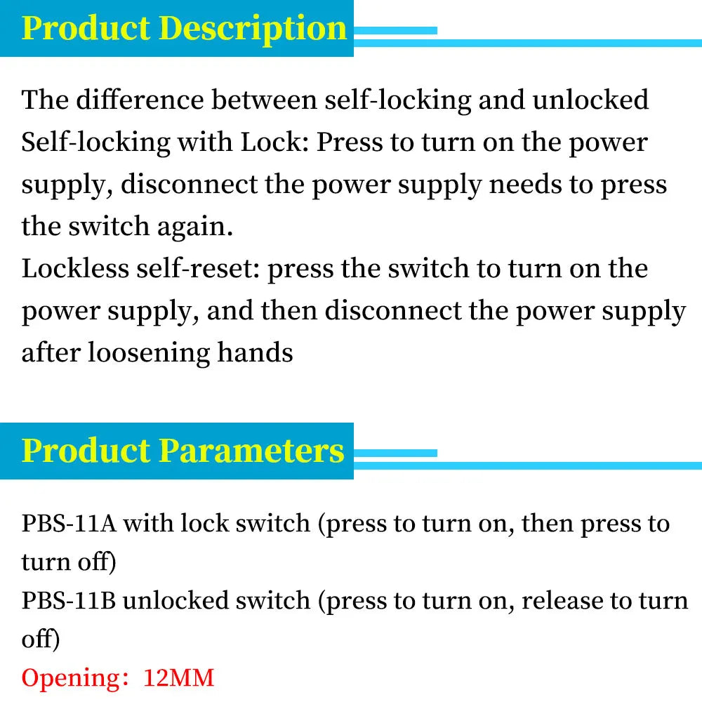 2PCS PBS-11A PBS-11B 12mm self-locking Plastic Push Button Switch Latching Switchs 3A 250V AC 2PIN
