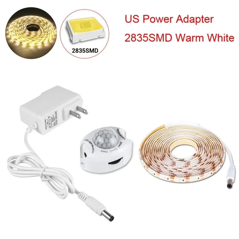 Motion Sensor Under Cabinet Lights Cupboard Kitchen Bed Emergency Night Light Flexible LED Strip DC 12V US EU Power Adapter