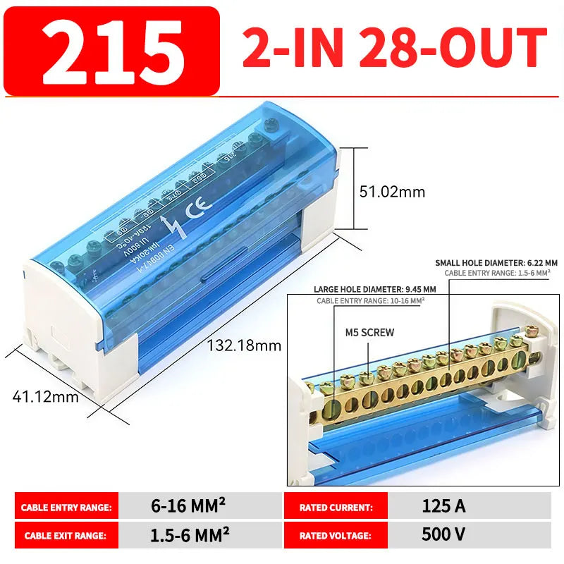 UK207/211/215/407/411/415 DIN Rail Terminal Block, 125A Distribution Box 1/2 In Several Out, Electrical Junction Box