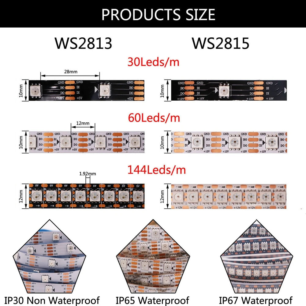 WS2811 WS2812B WS2813 WS2815 30/60/144Pixels/Leds/m 5050 RGBIC Smart LED Strip WS2812 Individually Addressable IC Light DC5V/12V