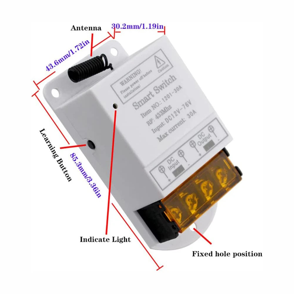 Wide Voltage DC 12V-76V 30A Remote Relay 433Mhz Remote Control Wireless Switch On Off Used for Smart home appliances/Light