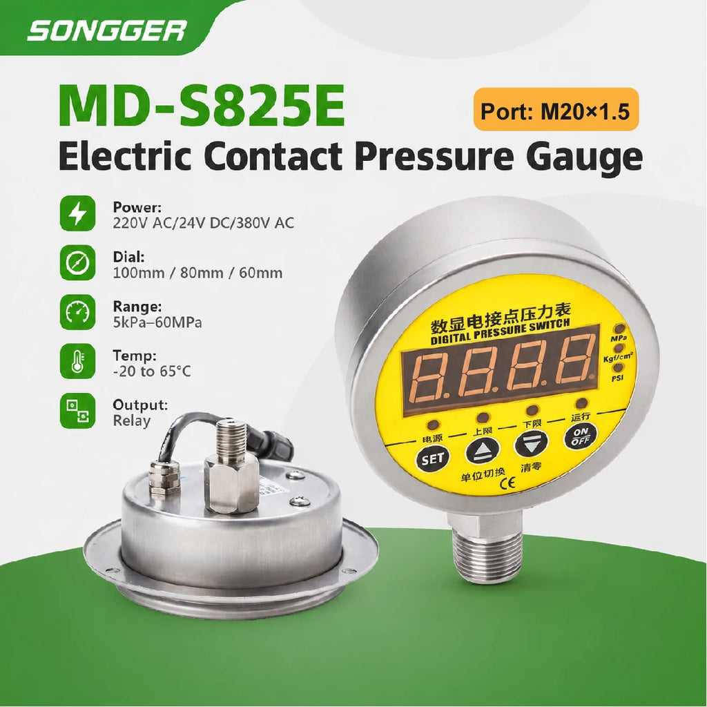 MD-S825E Electric Contact Pressure Gauge AC220V 380V DC24V 0.16-60MPa 304 Stainless Steel Digital Pressure Switch Meter