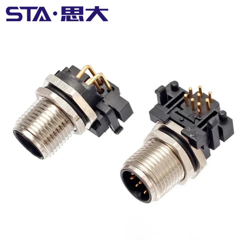 M12 Angled PCB Type 8 Pin A Code Curved Needle Panel Mount Socket Grounded Shield THR 2 3 4 5 6 12 Poles IP67 Connectors