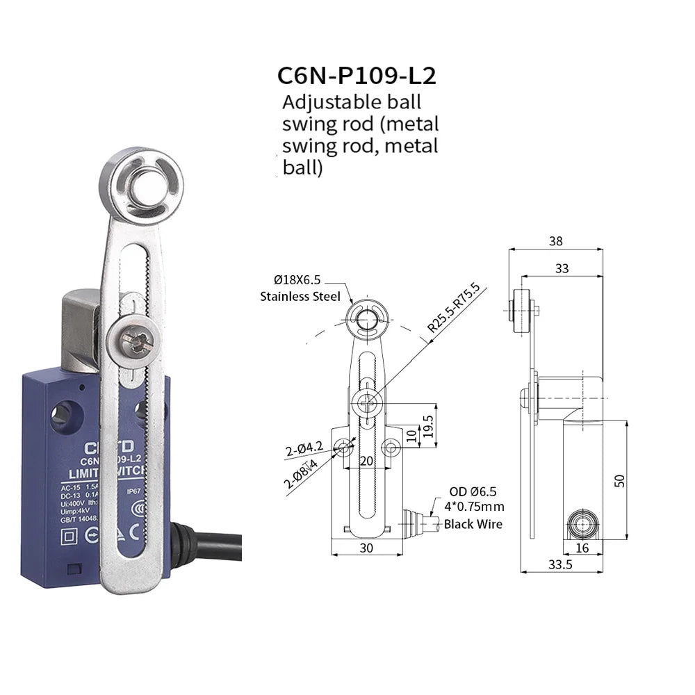 CNTD Micro Limit Switch C6N Series C6N‑101 C6N‑102 C6N‑111 C6N‑121 1NO1NC 10A 250V IP67 Waterproof For Automated Machinery