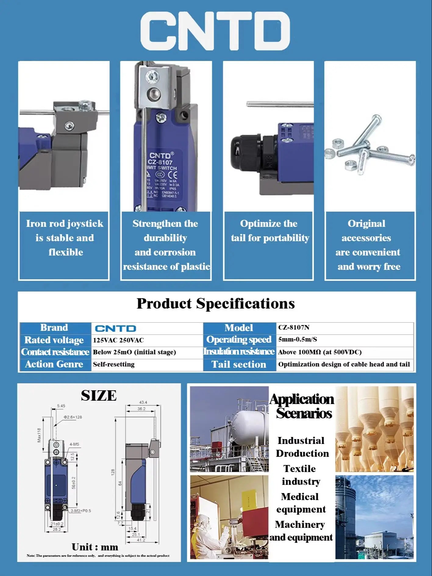 CNTD CZ-8107N Limit Switch Spring Rod IP65 SPDT 5A 250VAC Micro Position Sensor Industrial Control Switch CCC CE