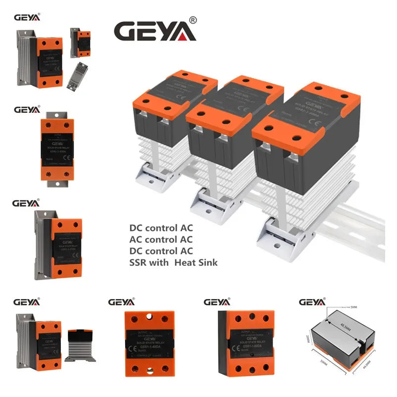 GEYA 22.5mm Slim Width GSR8 Solid State Relay with Heat Sink DC to AC Single Phase SSR 10A 25A 40A 60A