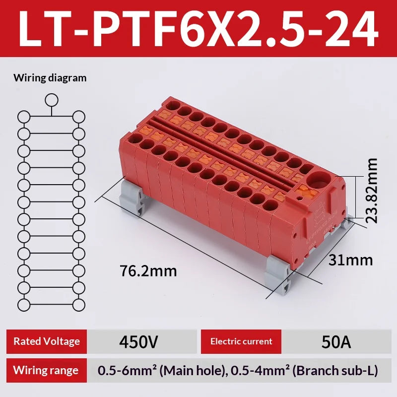 Push-in Terminal Block PTF6X2.5mm One in Multiple Out Splitter Spliceable Wire Connectors DIN Rail Junction Box Electrical Joint