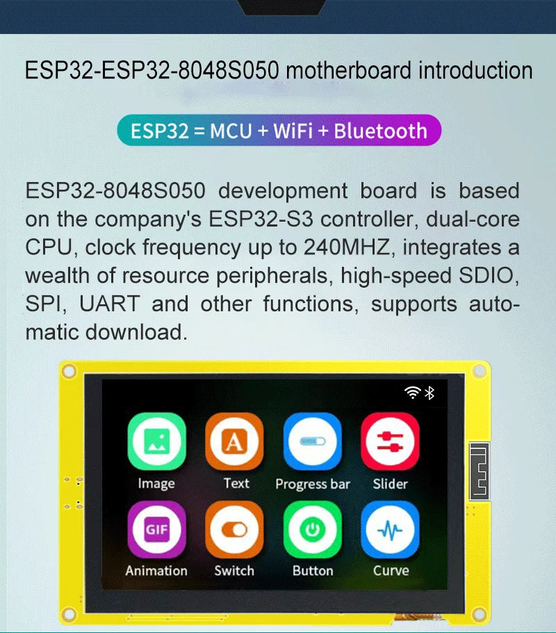 ESP32-S3 5 Inch IPS TFT Screen for Arduino HMI 8M PSRAM 16M Flash LVGL WIFI & Bluetooth 800*480 Smart Display RGB LCD Module