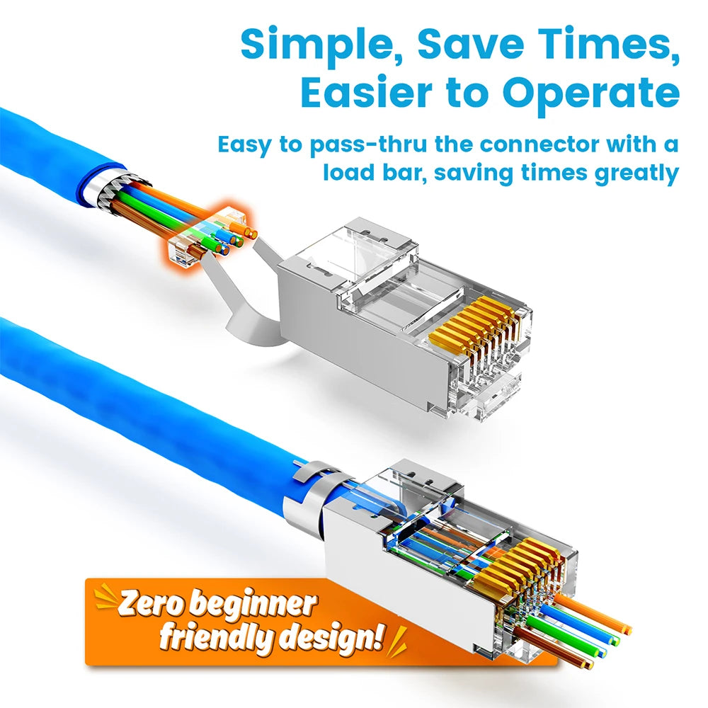 AMPCOM CAT7 RJ45 Connector, Pass Through CAT6A RJ45 Ethernet Plug for CAT 7 Solid or Stranded Network Cable with 1.5mm Load Bar