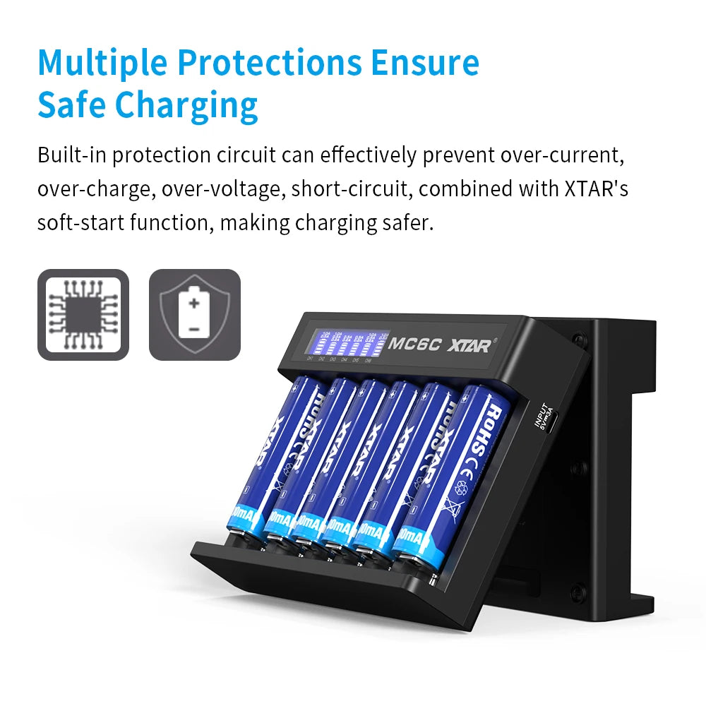 MC6C 6-Slot Independent Charger LCD Display for Li-ion Ni-MH USB-C Input 0V for 21700 18650 Li Battery AA AAA Battery Activation