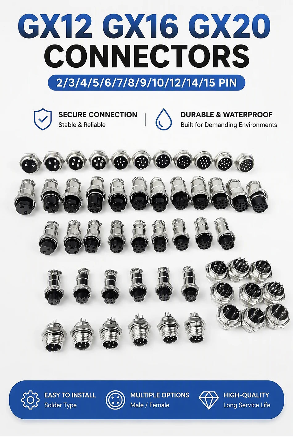 GX12 GX16 GX20 Aviation Connector 2 3 4 5 6 7 8 9 10 12 Pin Male Female Circular Metal Cable Plug Panel Mount Socket Industrial