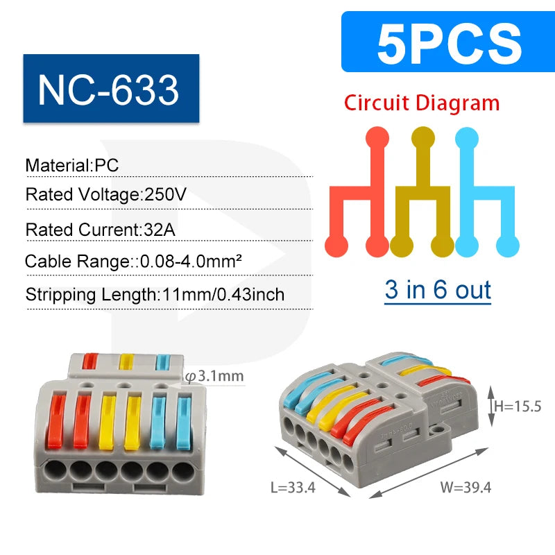5PCS Wire Connector Multicolour Lever Push-in Electrical Cable Home Connectors LED Junction Box Universal Compact Terminal Block
