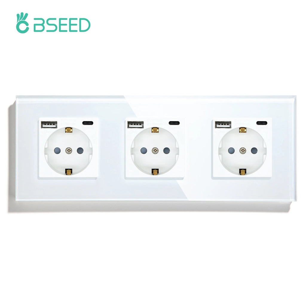 BSEED 1/2/3Gang Touch Light Switch 1Way Simple Sensor Switch Type-c USB Sockets EU Standard Glass Panel Blue Backlight 10A White