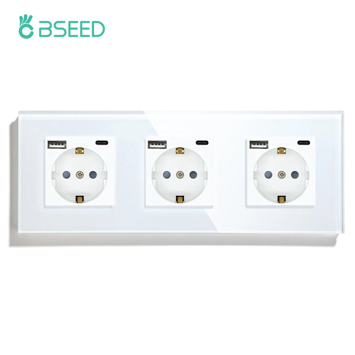 BSEED 1/2/3Gang Touch Light Switch 1Way Simple Sensor Switch Type-c USB Sockets EU Standard Glass Panel Blue Backlight 10A White