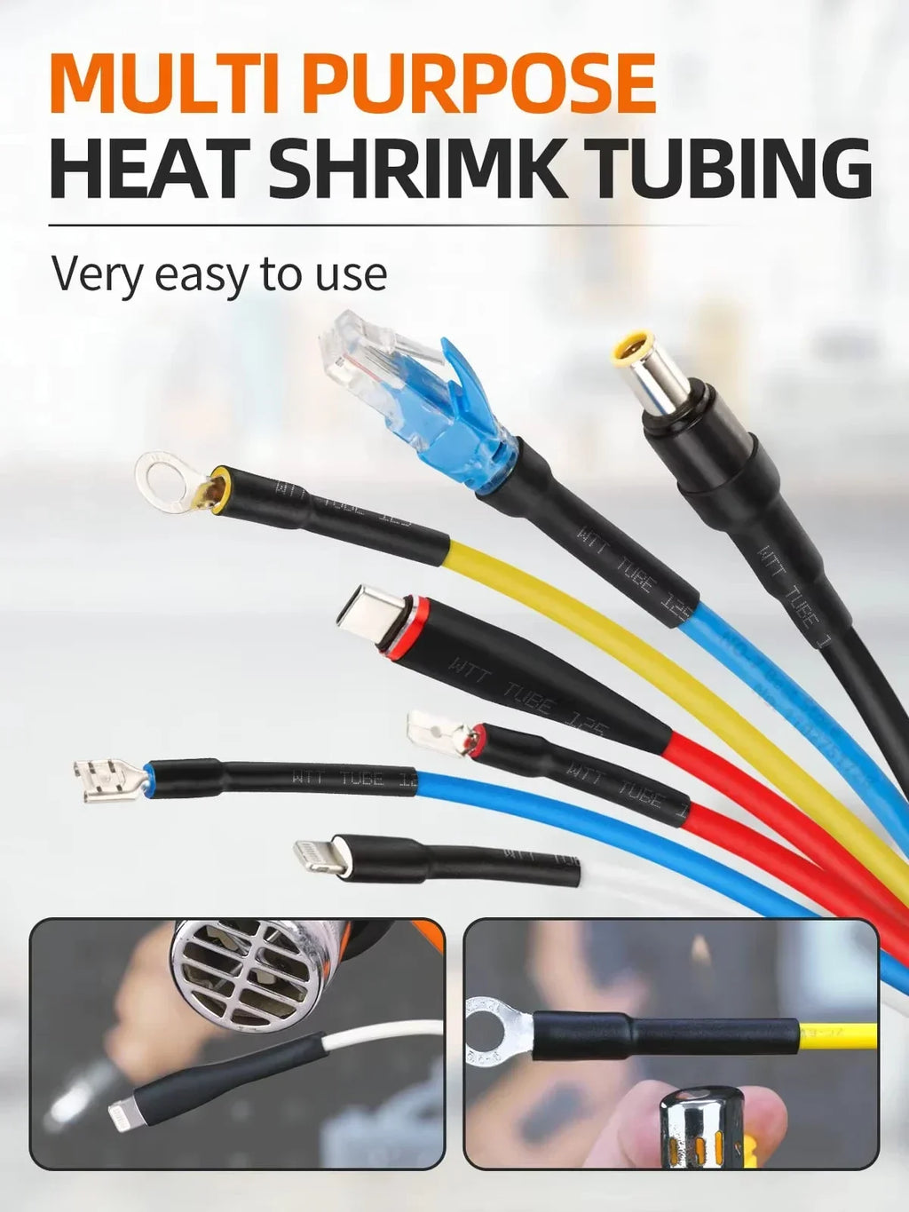 Heat Shrink Tube Kit with Optional Heat Gun Electrical Wire Cable Waterproof Insulation Dual Wall Shrink Tubing for Cable Repair