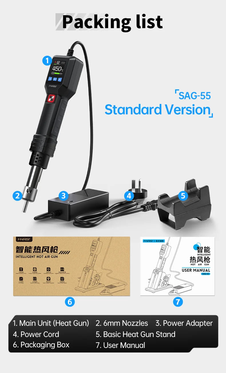 FNIRSI SAG-55 Micro Hot Air Gun 550W with Stand BGA Rework LCD Digital Hair Dryer Soldering Heat Gun for Welding Repair Tools