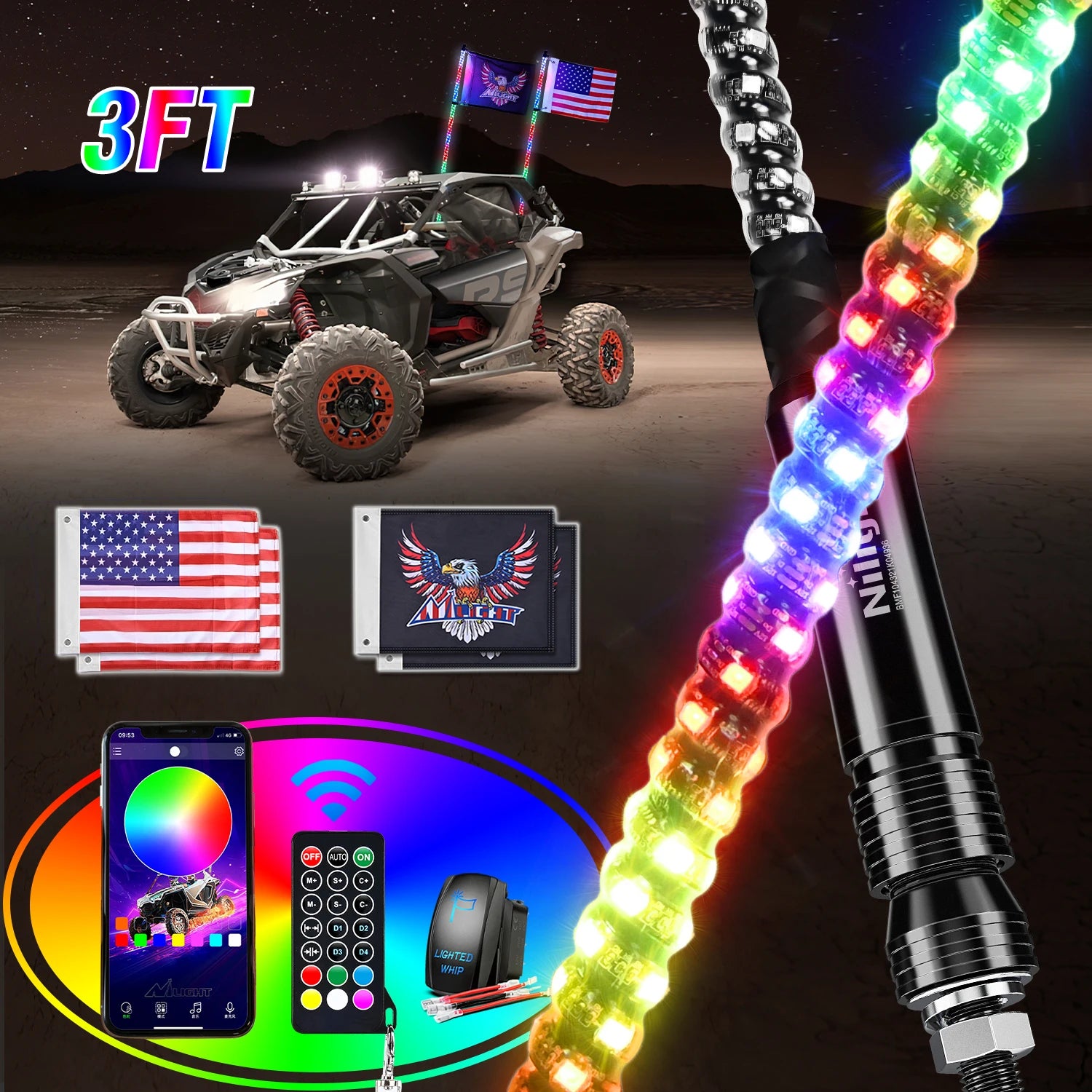 Nilight  3-6FT RGB LED Whip Light, Spiral Neon Flagpole Lights With Remote Control Color Changing Lights for ATV UTV Buggy 2PCS