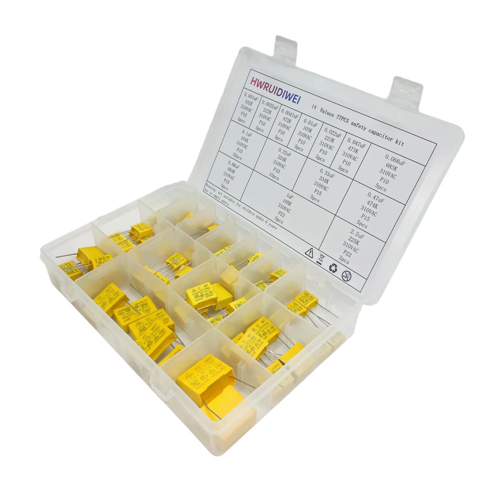 77PCS Safety Capacitor Kit 0.001uf-2.2uf 275VAC/310VAC P10-P22