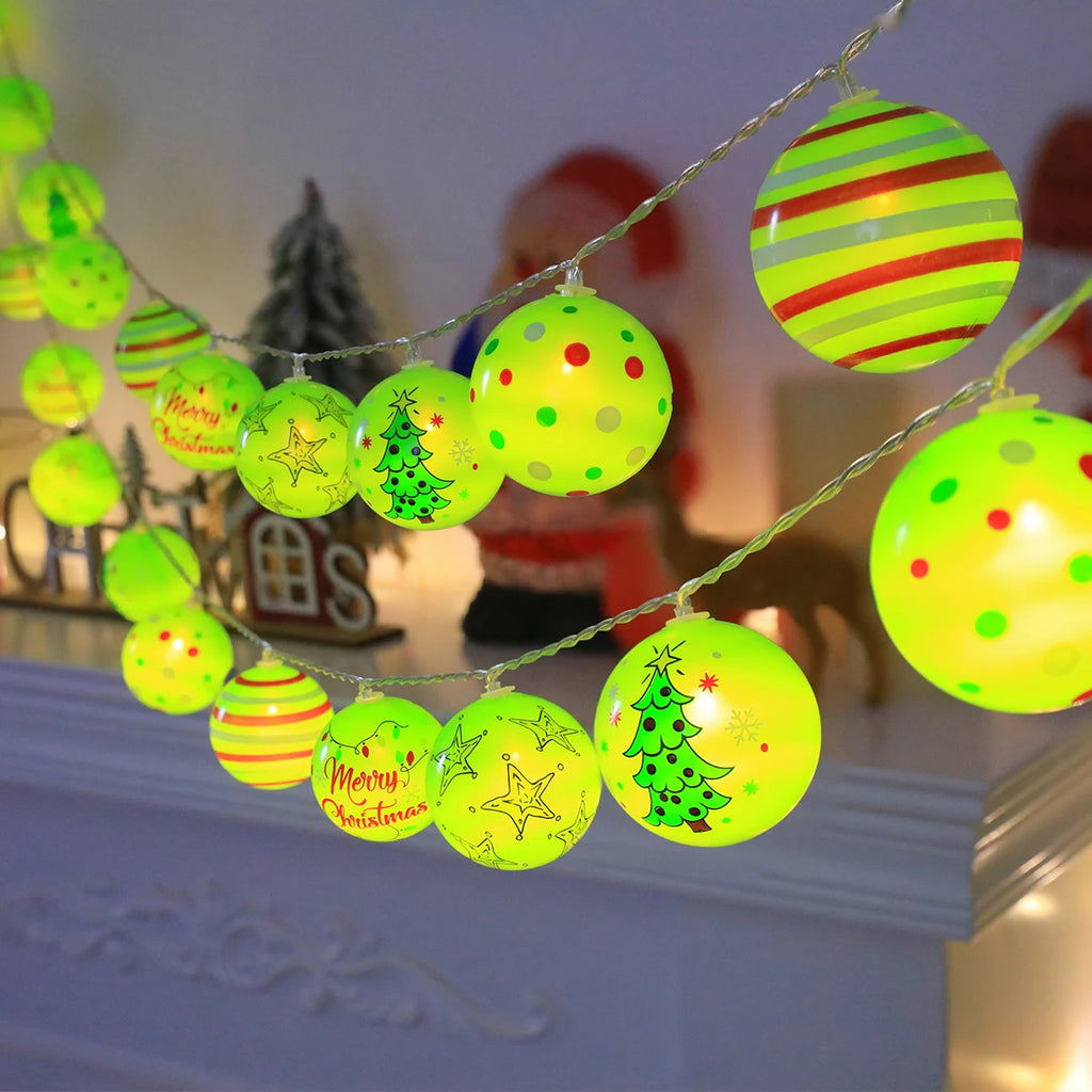 Luminous Xmas Bauble Fairy String Lights, Multipattern Printed Christmas Ball LED Garland, Whimsical Neon Tone Festive Lighting