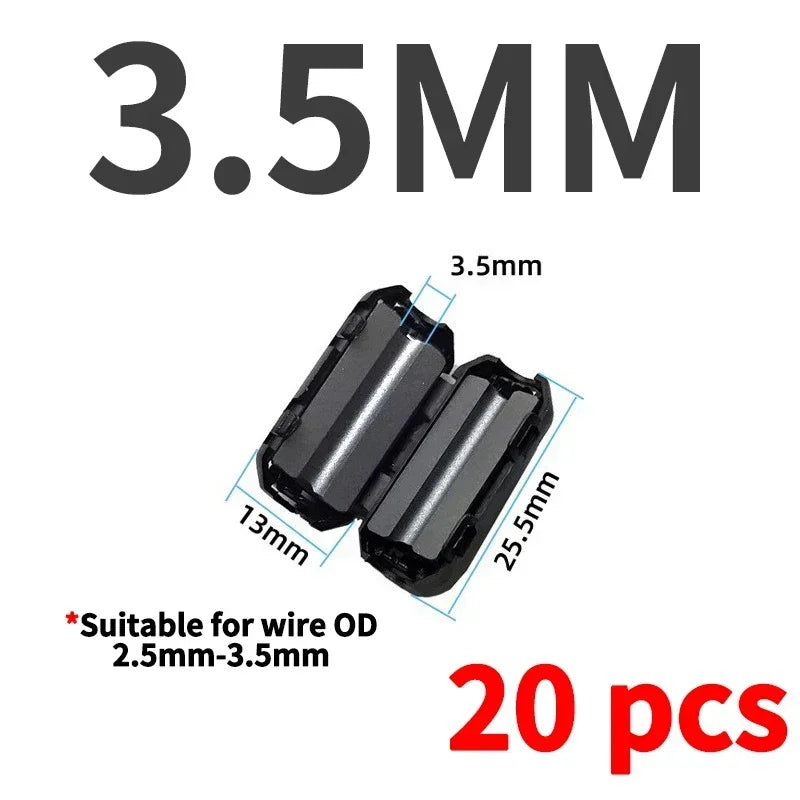 20Pcs 3.5/5/7/9/13/15mm Ring Core Ferrite Bead Clamp Choke Coil EMI RFI Noise Filter Clip Snap Cable for Black Magnetic Snap-on