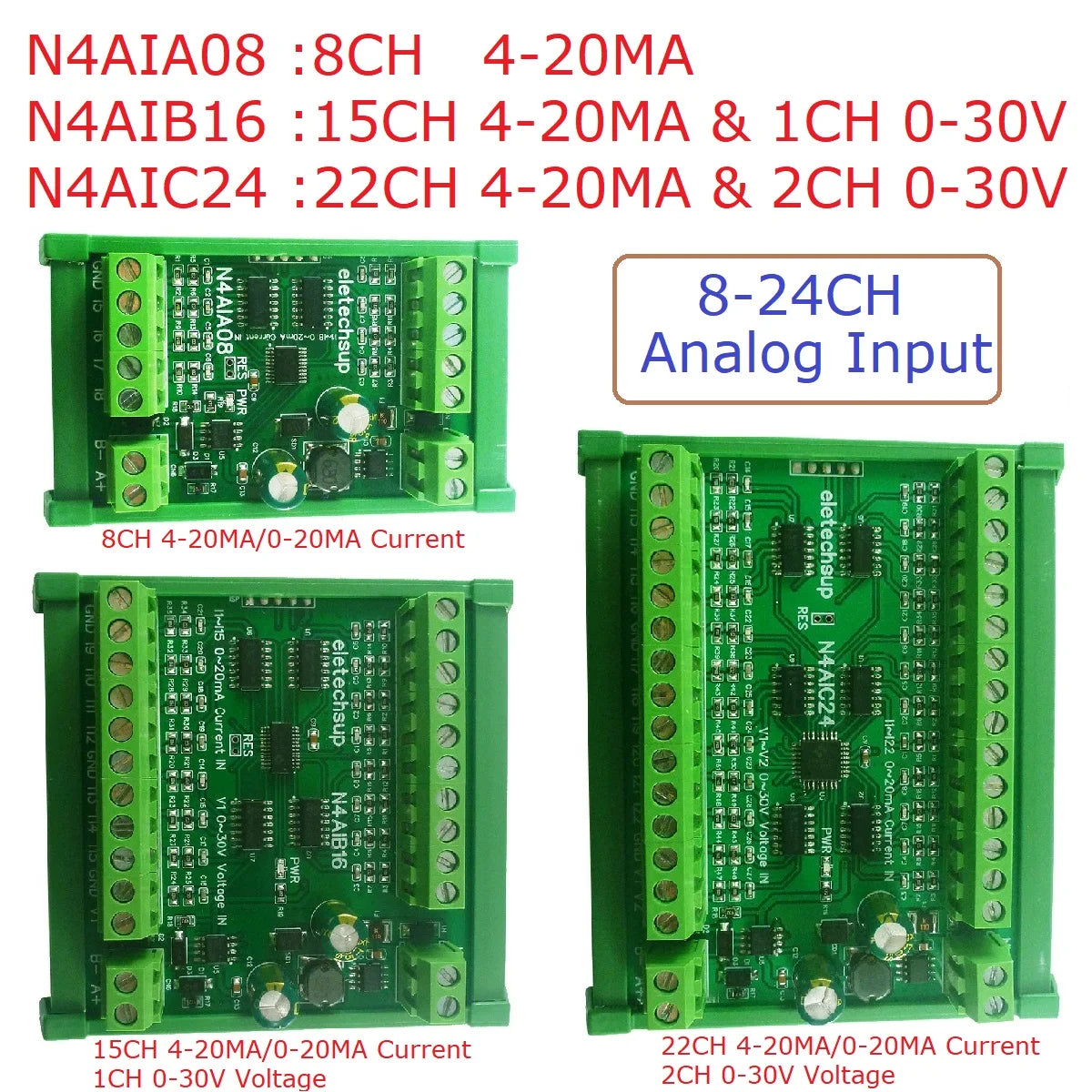 2PCS 8-24CH 4-20MA To RS485 Current Analog Input Collector Module MODBUS RTU Board For PT100 K Thermocouple Pressure Sensor