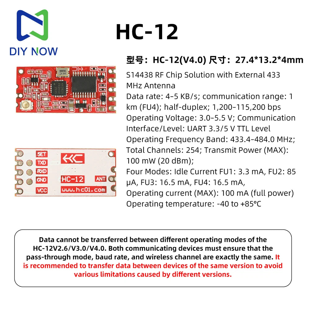 HC-12 V4.0 SI4438 Wireless Serial Communication Module Multi-channel Embedded Wireless Data Transmission Module 433.4-483.8 MHz