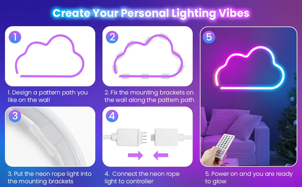 (EU PLUG) LED Neon Strip Light,5-30M Neon Rope With App 44key Remote Control For Home Decor Fairy Lighting
