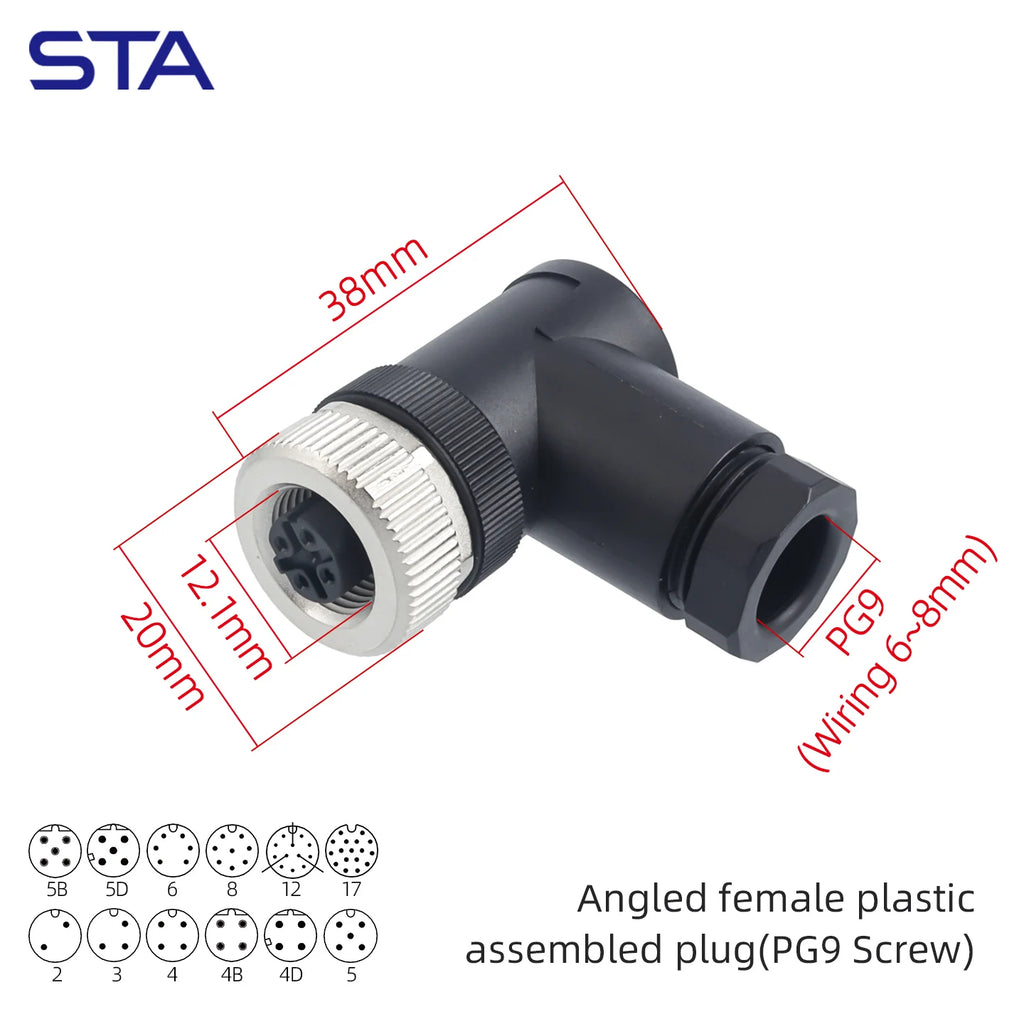 M12 Screw Termination Plastic Field Plug NMEA2000 5 Pin Straight Angled IP67 Waterproof 3 4 6 8 Poles Sensor Connectors PG7 PG9
