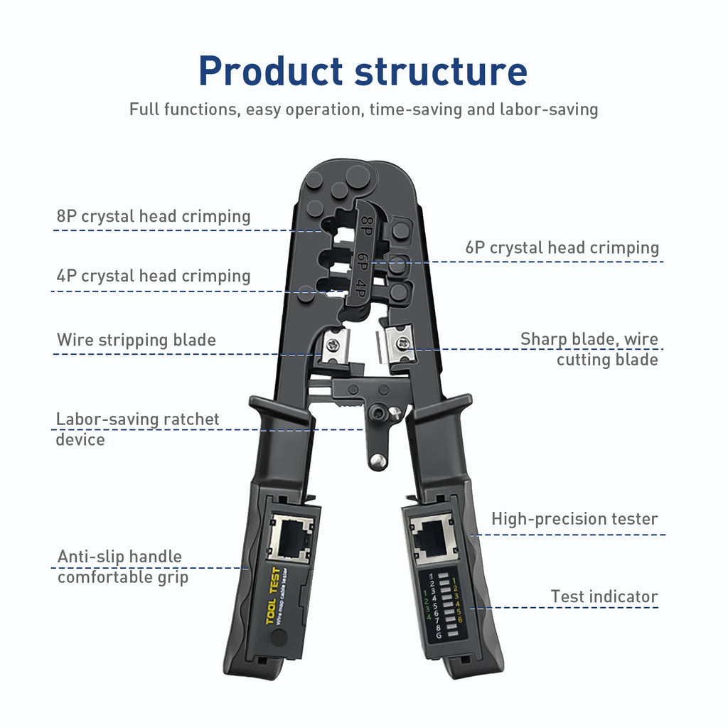 ZOERAX RJ45 RJ12 RJ11 Network Crimp Tool 8P6P4P Tester Tool With Strip,Cut,Crimp and Test Functions(Battery is Not Included)