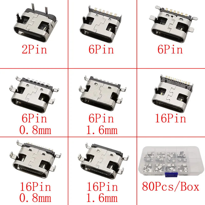 1Box USB Type C Female Charging Port 2/6/16 Pin Connector Type-C Socket SMD PCB Soldering DIY Repair USB-C Type C Jack Adapter