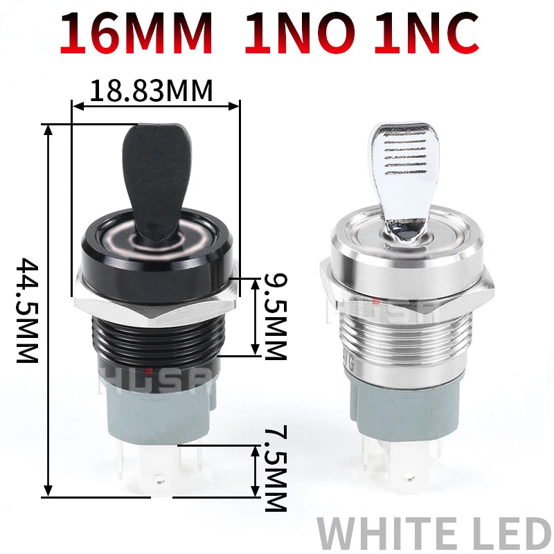 16MM  Self-locking ON-OFF Slide Power High Current Metal Toggle Switch Waterproof Push Button 2 Positions 1NO1NC Illuminated Led