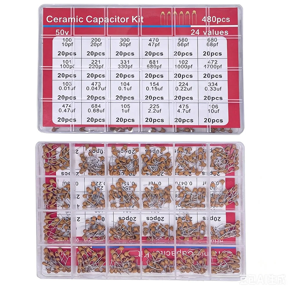 480pcs Ceramic Capacitor Assortment Kit for Guitar 0.1uf to 10uf Range 24 Values Durable Guitar Parts And Accessories