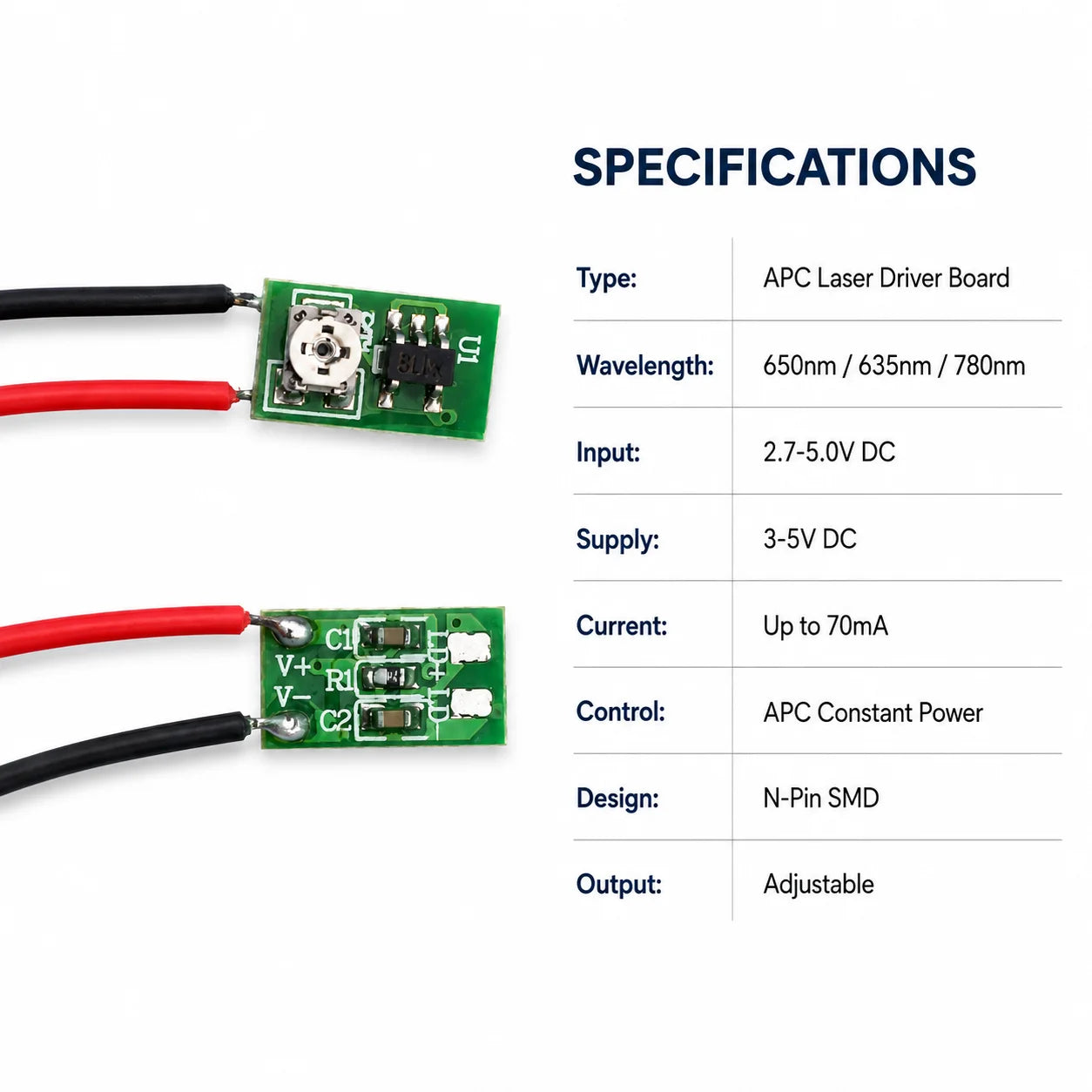ZhonNa 650nm 635nm 780nm N-Pin APC Constant Power Laser Diode Driver Board 1-20mW for The Listed Price Is The Unit Price