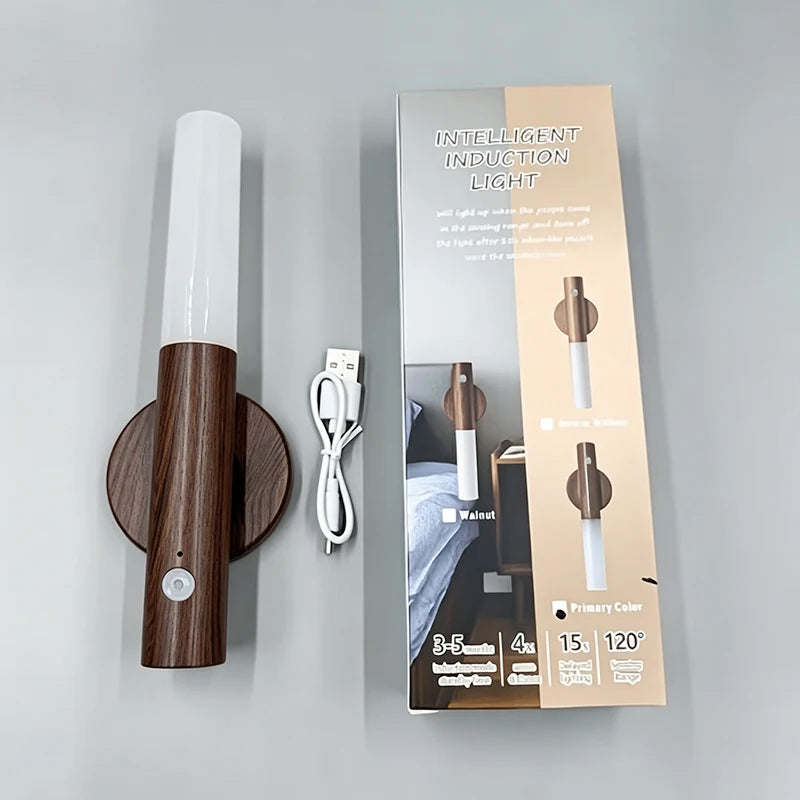Wood Grain Motion Sensor Light Indoor Magnet Body Hallway Rechargeable LED Wireless Wall Sconce Portable Decor Torch Night Light