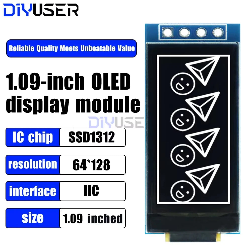 1.09 Inch OLED Display Module 128x64 White SSD1312 I2C, 4 Pin Interface for Raspberry Pi, Low Power Wide View