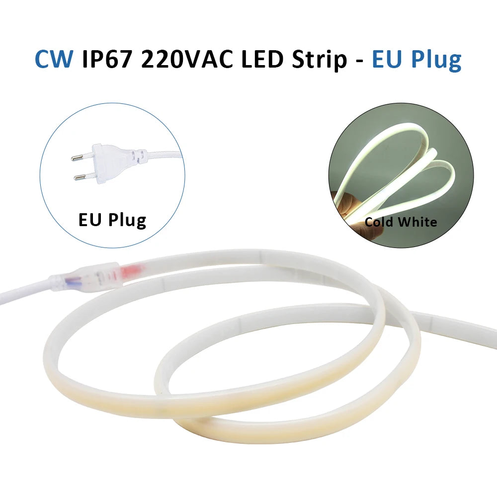 AC220V COB LED Strip Light IP67 Waterproof Flexible Ribbon 2Pin Wire/EU Plug Tape Lamp 3000K/4000K/6000K Outdoor Linear Lighting