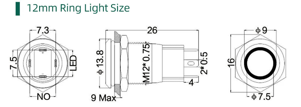 12/16mm Flat LED Illuminated Reset Latching Ring LED Metal Push Button Switch Waterproof On Off with Power Symbol