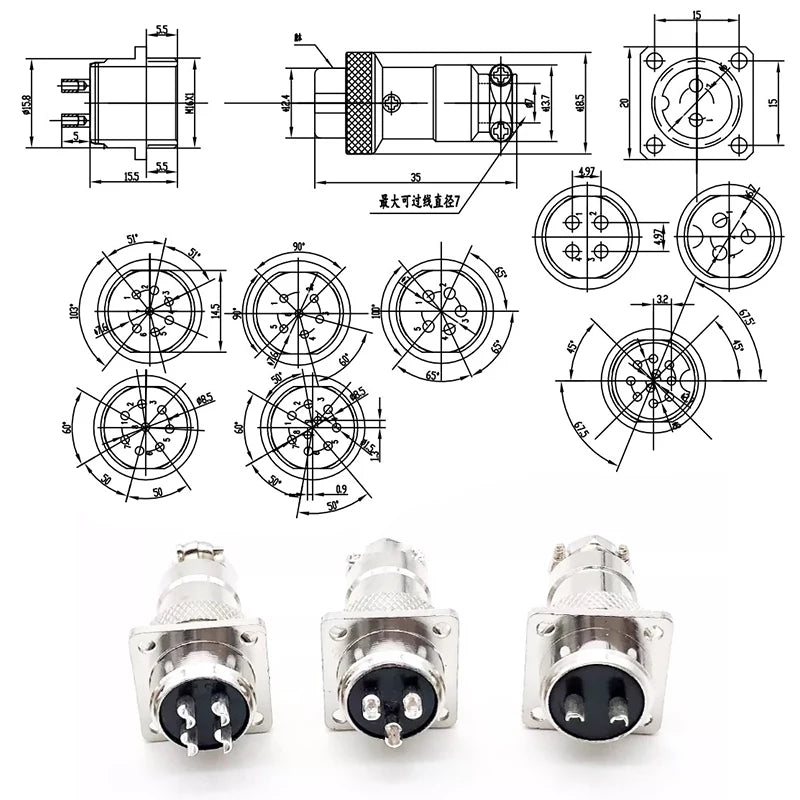 1Set GX16 2/3/4/5/6/7/8/9/10 Pin Male Female 16mm Square Flange Seat Metal Aviation Adapter Socket Plug M16 Soldering Connector