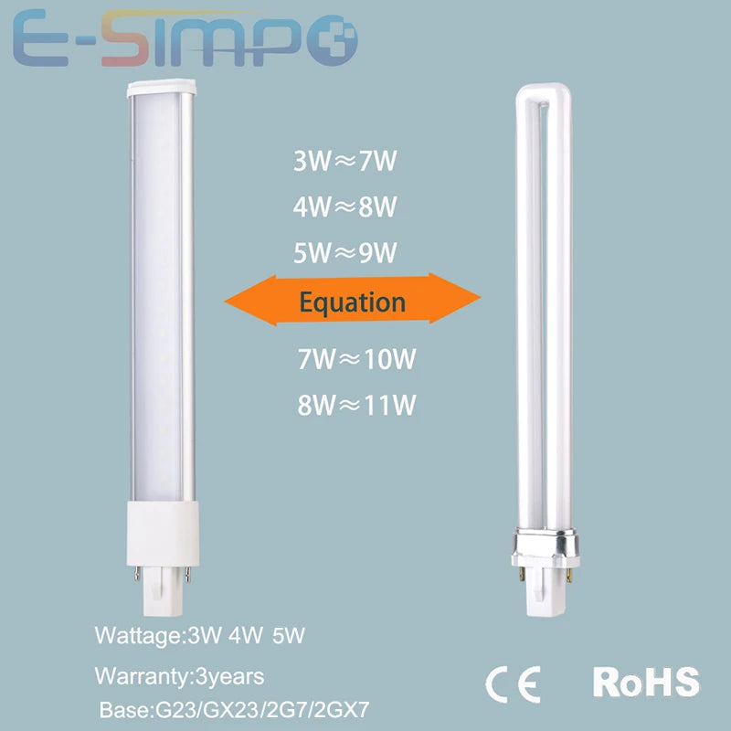 2PC G23 LED Bulb Bar Tube 2Pin 3W 4W 5W CFL PL-S 7W-13W Replacement 110V/220V 3000K/4000K/6000K White G23 Plug Saving Light Lamp