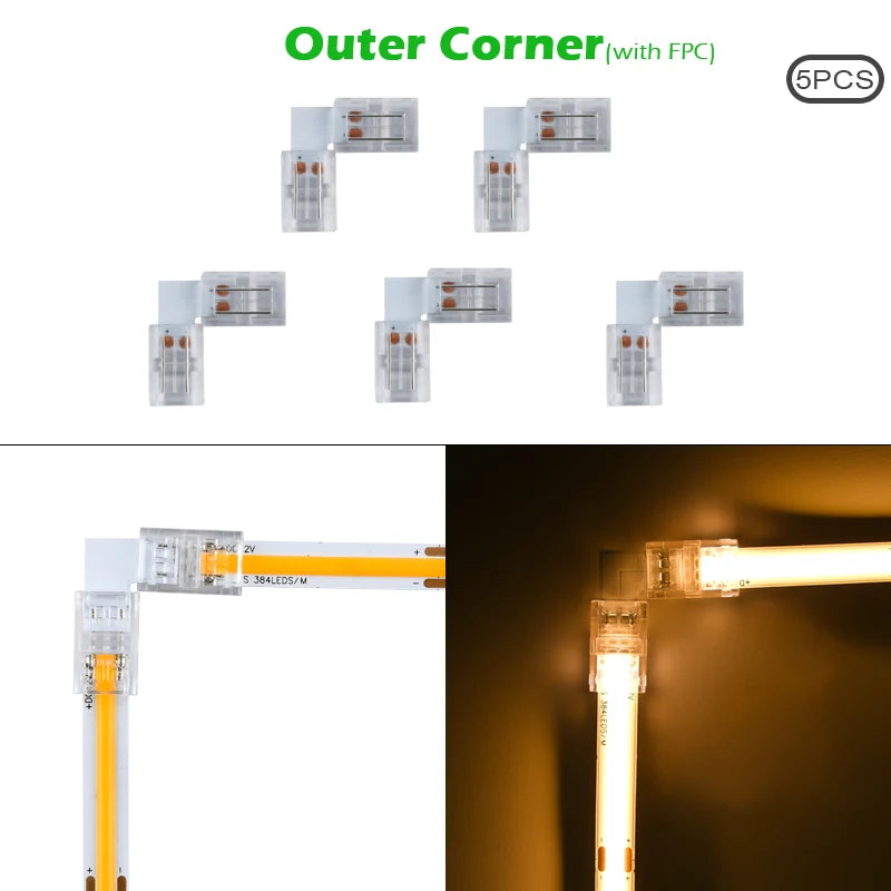 8mm 10mm 2pin COB LED Strip Connector Tape Lights L Shape LED Corner Connectors for SMD COB 5050 2835 Strip Light Fixed Clamps